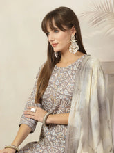 Women's Grey Ethnic Printed Cotton Blend Straight Kurta Pant Dupatta Set-KPDGREYJUNA